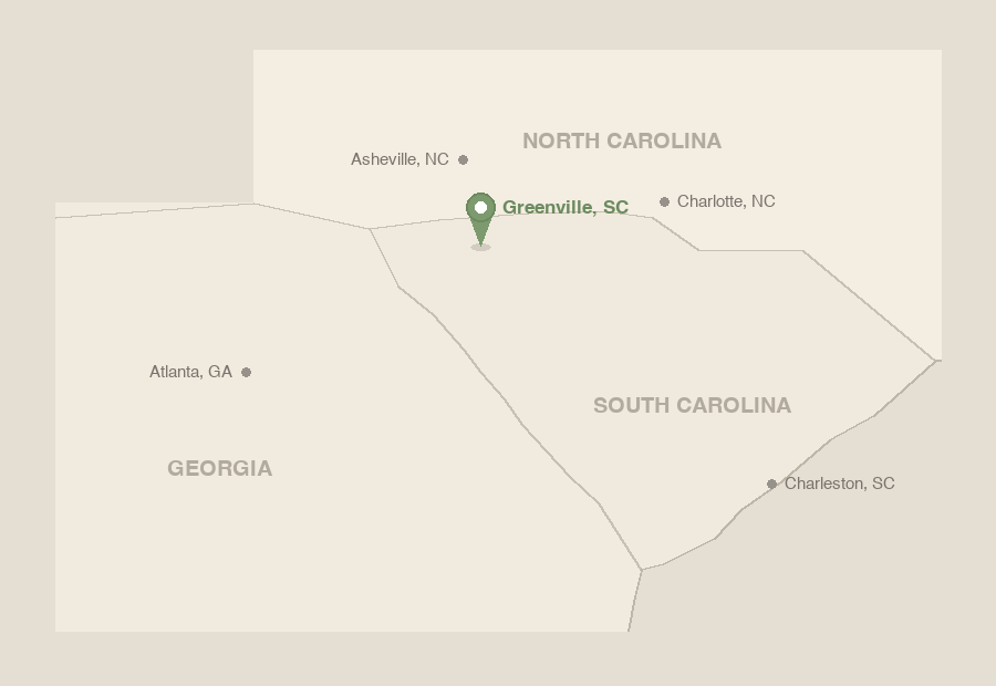 Regional map showing Category 3 Partners headquarters in Greenville, South Carolina, with nearby cities including Charlotte, Asheville, Atlanta, and Charleston